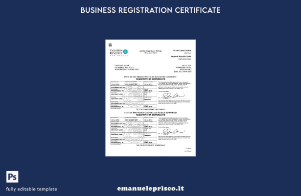 certificato di registrazione USA New Mexico stile verificato modello Word e PDF